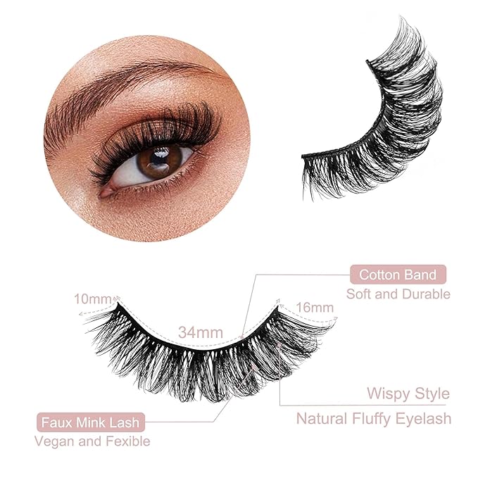 Mink Lash Fluffy Natural Look D Curl Eyelashes that Look Like Extensions Short Thick Lashes 7 Pair Wispy Cat Eye Strip False Volume Lash Pack 8-16mm Full Mega Double Stacked Eyelash Small Fake Lashes