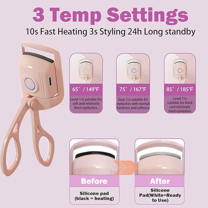 Heated Eyelash Curler, Rechargeable Electric Eyelash Curler, 3-Level Temperature Control, 24 Hour Long Lasting Curl, Suitable for All Beauty Enthusiasts