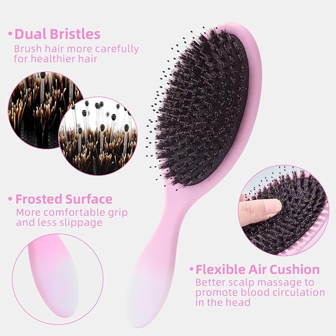 Boar Bristles Hair Brush for Women and Men, Detangling Hair Brush for Smoothing Massage Add Shine, Nylon&Boar Bristles Detangler brush for Hair Healthy (Pink&White)