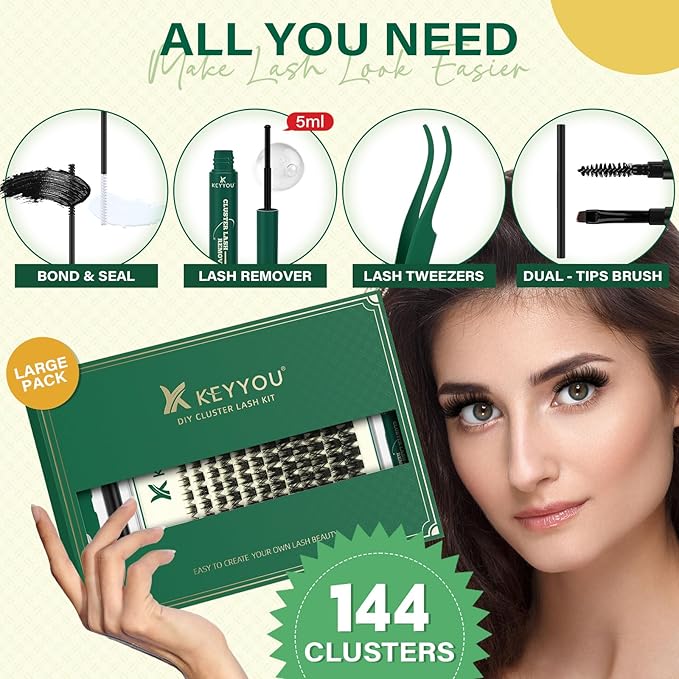 DIY Lash Extension Kit KEYYOU 144pcs Lash Clusters Eyelash Extension Kit with Mascara Brush Bond and Seal Lash Remover Lash Applicators Lash Brush for DIY Lash Extensions (Y22 Kit)