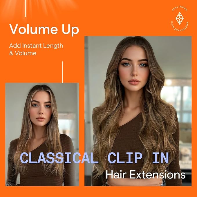 Full Shine Real Human Hair Extensions Clip ins 12 Inch Brown Balayage Clip in Hair Extensions Dark Brown Ombre Caramel Blonde Straight Hair Clip ins 7 Pcs 95 G