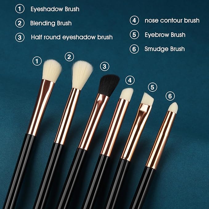 Eye Makeup Brush Set, 6Pcs Professional Soft Make Up Brushes Tools，for Blending Eyeshadow Concealer Eyebrows Eyeliner（Black-YA01）