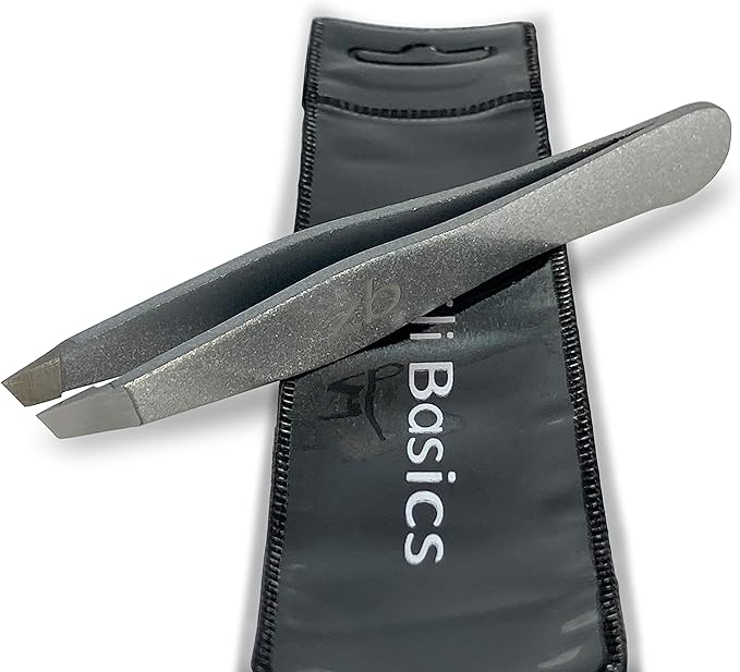 Zizzili Basics Tweezers - Surgical Grade Stainless Steel - Slant Tip for Expert Eyebrow Shaping and Facial Hair Removal - with Bonus Protective Pouch - Best Tweezer for Men and Women