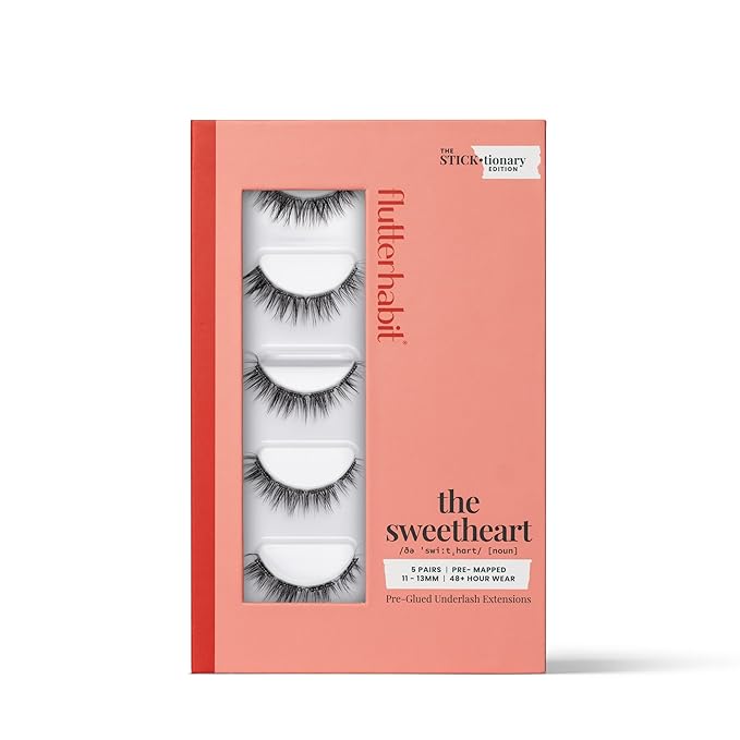 FlutterHabit STICKtionary Sweetheart Self Adhesive Eyelashes Kit, Pre Glued Underlash Strips for Beginners, No Glue Lash Extensions, Lightweight Reusable Clusters for Natural Look at Home (5 Pairs)