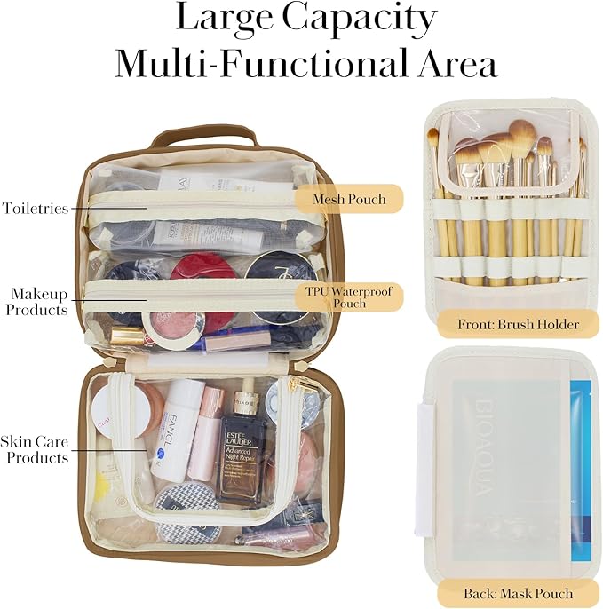 Travel Makeup Bag Large Capacity Cosmetic Organizer Waterproof Leather Toiletry Bag with Brush Holder and Handle Portable Cosmetic Storage Bag for Women Girls Gift - Brown