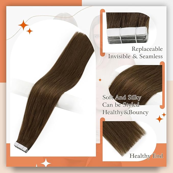 Full Shine 16 Inch Tape In Human Hair Extensions Medium Brown Color 4 Invisible Tape in Hair Extensions Human Hair Double Side 50 Gram Seamless Skin Weft Straight Hair Add Volume Soft Hair 20Pcs