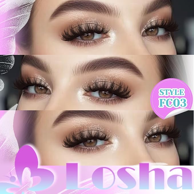 Losha Lashes Volume False Eyelashes Fluffy Cat Eye Lashes 7 Pairs Crisscross Lashes Strips 8-18mm Thick Fake Eyelashes 3D Faux Mink Lashes (FC03)