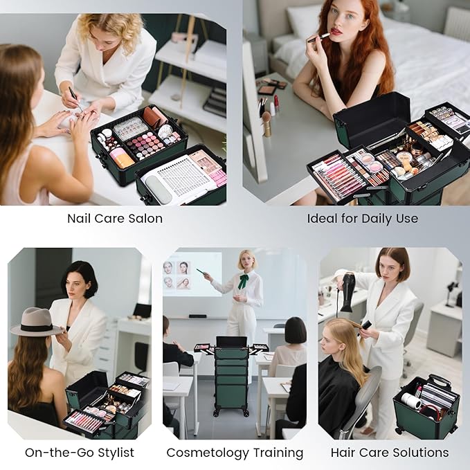 FRENESSA Rolling Makeup Train Case Cosmetology Case on Wheels 5 in 1 Makeup Case with Lid Rolling Large Make Up Organizer for Artist Barber Salon Nail Teach Kits Professional Cosmetic Box Dark Green