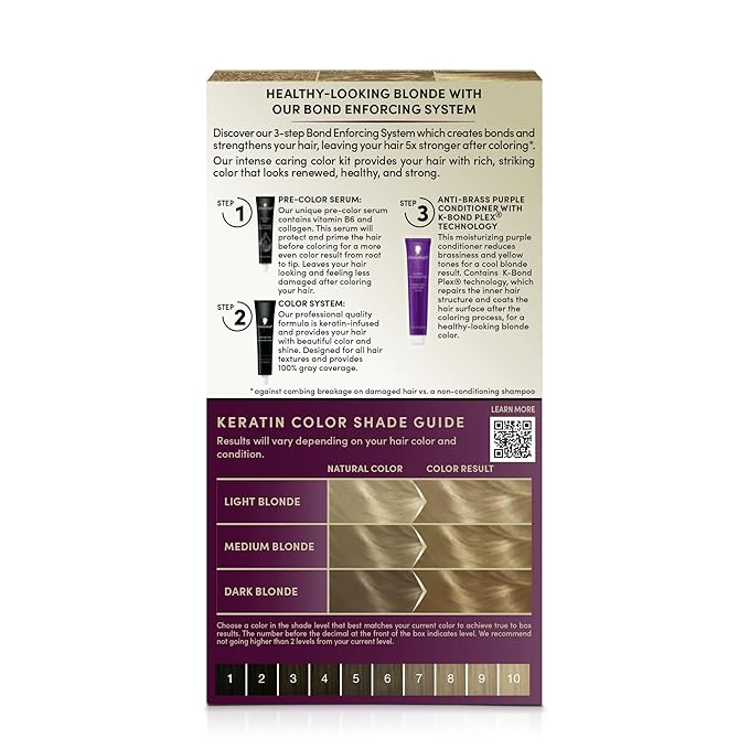 Schwarzkopf Keratin Blonde Hair Dye, 8.0 Medium Blonde, Professional Quality Permanent Hair Color, Bond Enforcing System Helps Prevent Breakage* Pre-Color Serum & Purple Conditioner Included