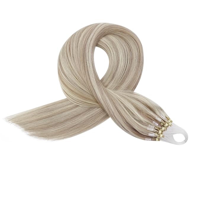Full Shine Microloop Human Hair Extensions Ash Blonde Highlighted Bleach Blond Micro Beads Hair Extensions Human Hair 14 Inch Soft Natural Remy Hair 50 Grams