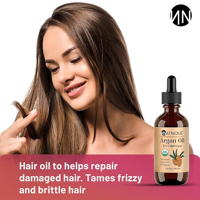 Natnique Organic Argan Oil, 2 oz – Pure Cold-Pressed Moroccan Oil from Morocco for Hair, Skin, Face & Nails – USDA Certified Organic, Virgin Aceite de Argan Cabello, Hexane-Free Moisturizer