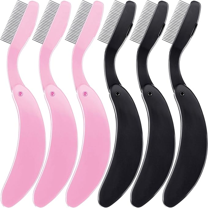 TecUnite Folding Eyelash Comb, Stainless Eyebrow Comb Eyelash and Brow Makeup Brush (3 Black and 3 Pink)