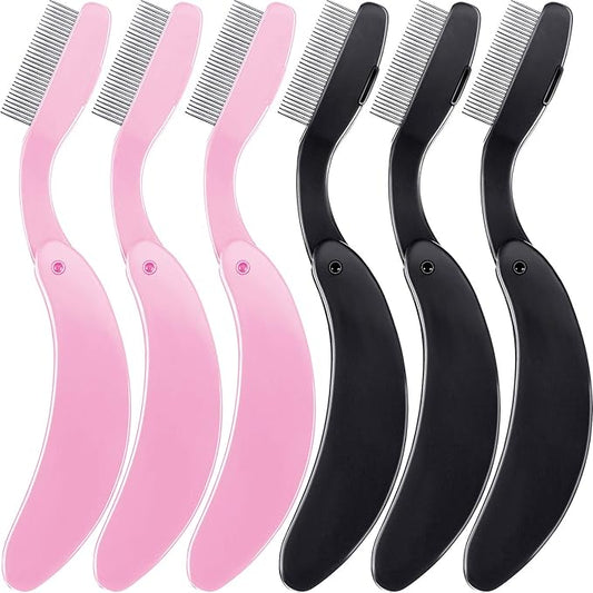 TecUnite Folding Eyelash Comb, Stainless Eyebrow Comb Eyelash and Brow Makeup Brush (3 Black and 3 Pink)