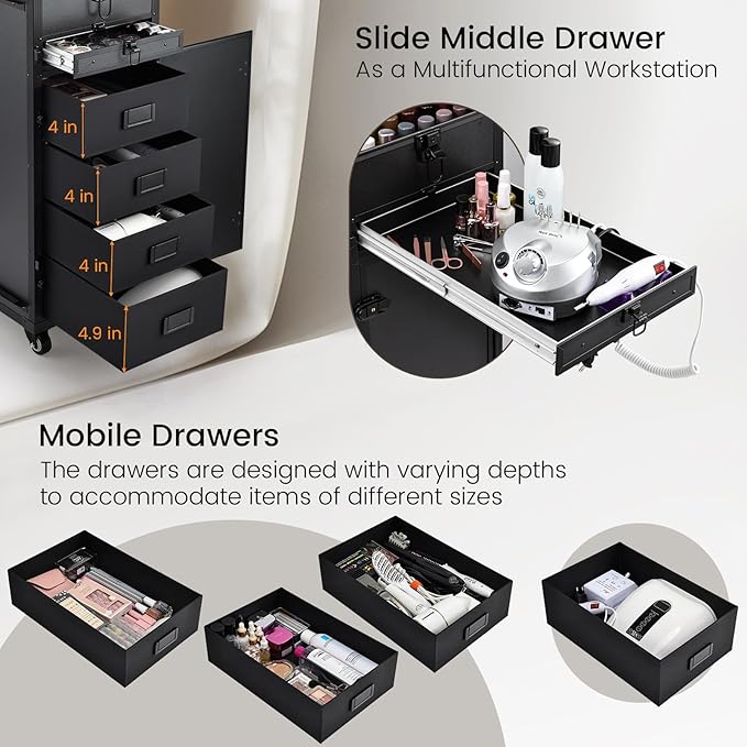 Joligrace Rolling Manicure Table 5 Drawers Makeup Case Foldable Nail Desk Cosmetology Case on Wheels Nail Tech Table with Brush Pouch for Technician Workstation Mobile Makeup Artist Trolley Black