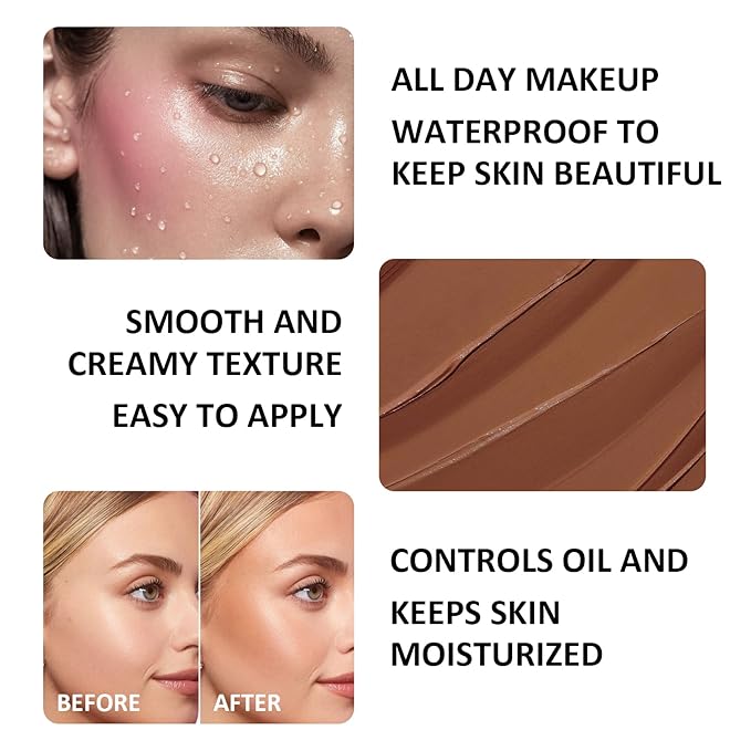 6PCS Cream Contour Stick Kit,Matte Waterproof Blush Highlighter Bronzer Contour Stick with Makeup Sponge,Non-greasy Creamy Travel Size Contouring Stick Makeup Set for Face,Suitable for All Skin Types