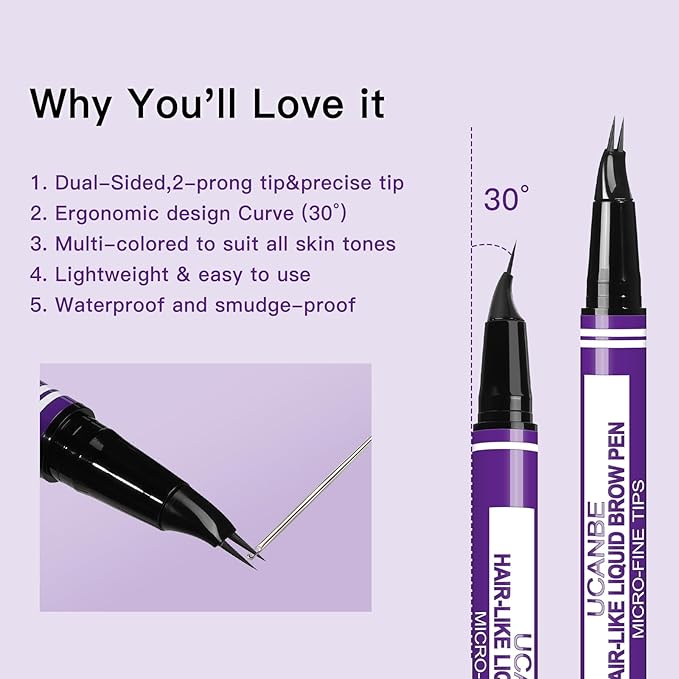 UCANBE Curved Eyebrow Pencils for Women with Spoolie Brush,Dual-Ended Eyebrow Pen with 2-Fork-Tip&Precise Brush-Tip,Microblading Brow Pen for Hair-Like Brows,Waterfool, Long Lasting,Black Brown