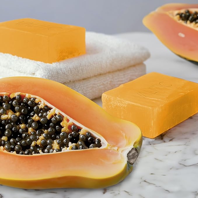 VALITIC Papaya and Turmeric Kojic Acid Soap Bar - Dark Spot Corrector Skin Care Cleansing Bar - Infused with Vitamin C, Hyaluronic Acid - Papaya 2 Pack, Kojic 2 Pack, Holder