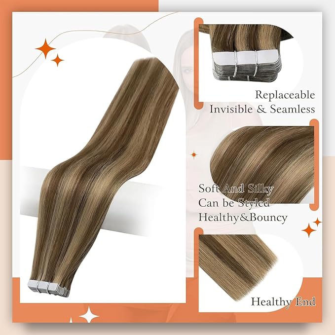 Full Shine Tape in Extensions Human Hair Tape in Real Hair Extensions 50 Gram 20 Pcs Glue in Hair Extensions 20 Inch Color 4 Medium Brown Highlight 27 Honey Blonde Seamless Hair Extension