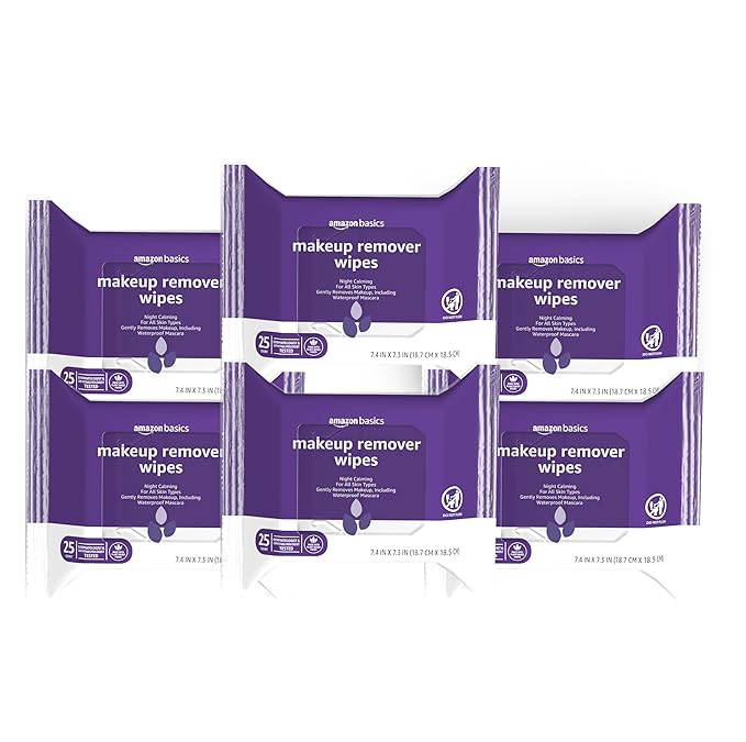 Amazon Basics Makeup Remover Wipes, Gentle Cleansing, Dermatologist Tested, Night Calming, Plant Based, Alcohol-Free, Removes Waterproof Mascara, 25 Count Per Pack, Pack of 6