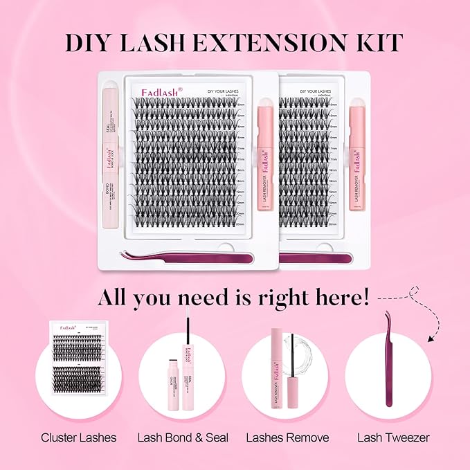 Eyelash Extension Kit Lash Bond and Seal Lash Clusters with Eyelash Tweezer Lash Glue for Individual Lashes Lash Applicator Tool for DIY Lash Extension Kit Makeup (Set 20D-0.07D, 15-20mm)