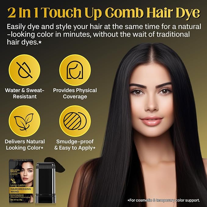 Hair Color Stick, 2 in 1 Instant Dye, Hair Dye Stick, Safe Portable Color Touch-Up Hair Sticks, Cover Gray Hair Color Correction Sticks for Women & Men, Waterproof and Sweat-Proof, 2Pack (Black)