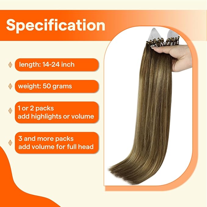 Full Shine Microloop Hair Extensions Human Hair 22 Inch 50 Grams Color 4/24/4 Medium Brown to Honey Blonde Mix Brown Micro Link Hair Extensions Remy Hair for Women add Length