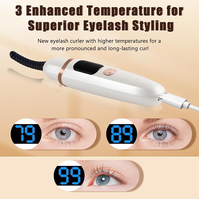 Heated Eyelash Curlers with Battery Indicator, Electric Eyelash Curler 3 Temperature Modes LED Display USB Rechargeable Makeup Tools, Heated Lash Curler Ideal Gift for Women （White）