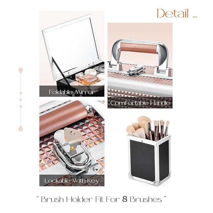 Joligrace Makeup Box 11.6-Inch Cosmetic Train Case for Women Travel Jewelry Organizer with Compartments & Mirror Portable Lockable Make-up Trunk Shiny Style