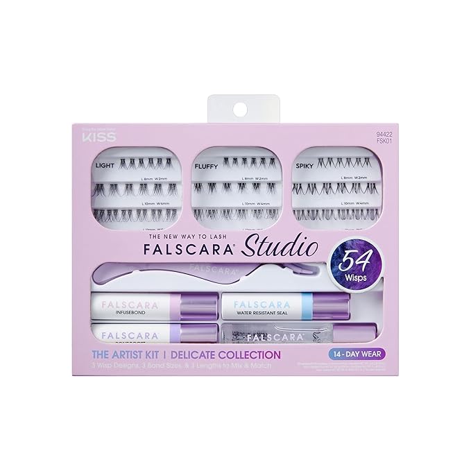 FALSCARA STUDIO Lash Extension Kit, 54 Stackable Lash Clusters, Light Volume, 8mm-12mm, ‘Delicate’, False Eyelashes, InfuseBond, Water-Resistant Seal, BondBoost, Hydro Cleanser, Applicator