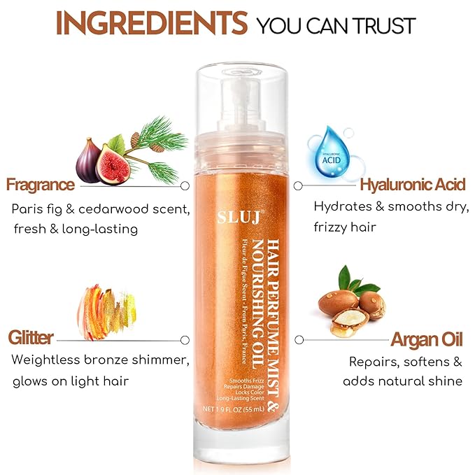 SLUJ Hair Perfume for Women - Hair Mist with Argan Oil & Bronze Shimmer, Lightweight Hair Oil Spray for Dry Hair, Heat Protection Spray for Hair, Long Lasting Hair Scent