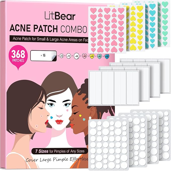 LitBear 3 IN 1 Pimple Patches for Face, 7 Sizes 368 Counts Acne Patches, Hydrocolloid Patches for Covering Zits and Blemishes, Cute Zit Patches for Breakouts, Colorful Spot Stickers for All Skin Types