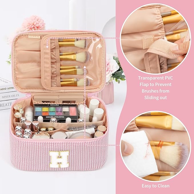OCHEAL Makeup Bag for Women, Monogram Cosmetic Bag with Brush Holder, Pink Travel Makeup Case Beauty Toiletry Bag Organizer Personalized Gifts for Girls Bridesmaid, Sister, Wife, Friends Initial H