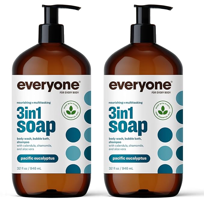 Everyone 3-in-1 Soap, Body Wash, Bubble Bath, Shampoo, 32 Ounce (Pack of 2), Pacific Eucalyptus, made with Essential Oils for Men and Women