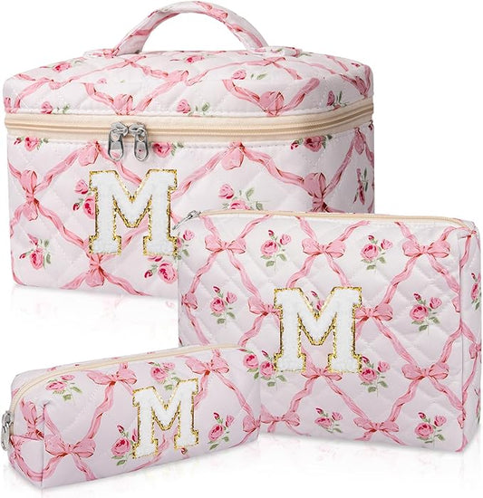 Personalized Initial Makeup Bag Set, Quilted Makeup Bag, Large Floral Cosmetic Bag for Women, Cute Cotton Custom Make up Bags, Flower Travel Toiletry Bag Teen Girl Gift Trendy Stuff Gift M