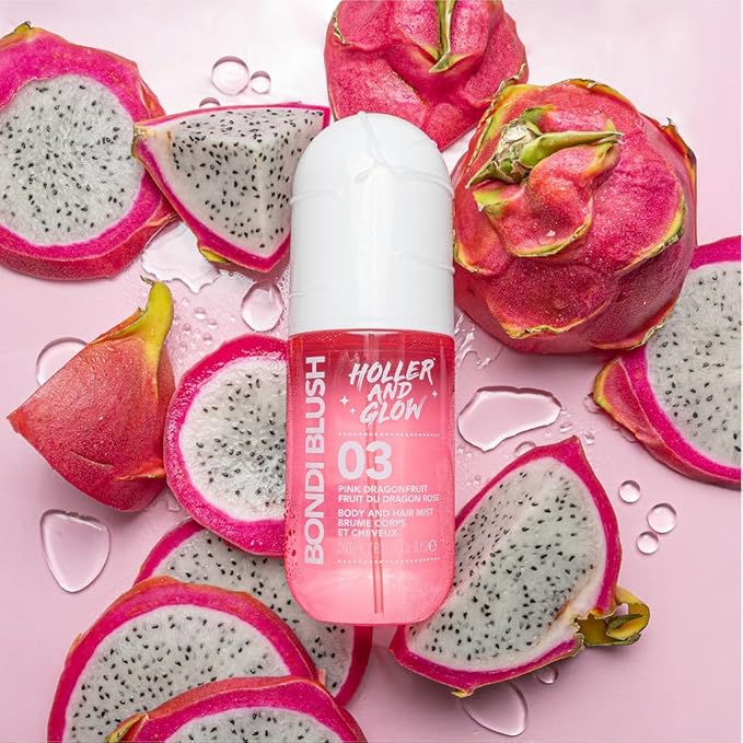 HOLLER AND GLOW Bondi Blush Pink Dragonfruit Body & Hair Mist, Body Spray For Women, Hair Perfume For Women, Jasmine, Amber Scented, Floral & Tropical Fragrance Notes, 8.11 Fl Oz