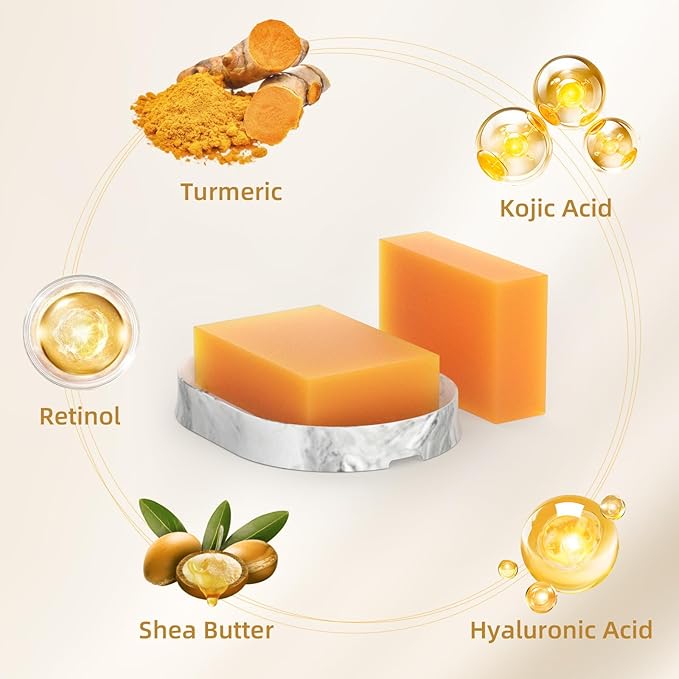 Kojic Acid Turmeric Soap Bar - Dark Spot Remover for Body and Face, Even Skin Tone Moisturizing & Nourishing Natural Ingredients 2Pack with Soap Dish