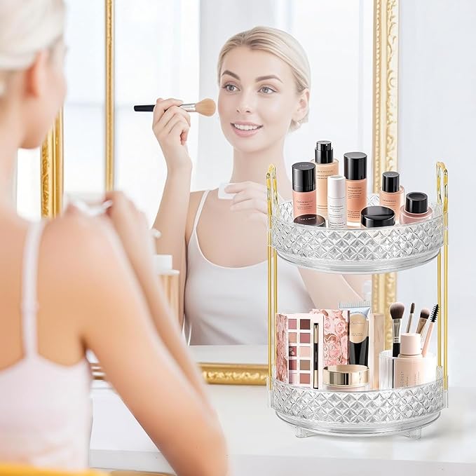 360 Rotating Rotating Makeup Organizer for Vanity, 3 Tier Perfume Skincare Organizers and Storage for Bathroom Countertop, Clear Spinning Counter Cosmetic Holder for Dresser,Clear