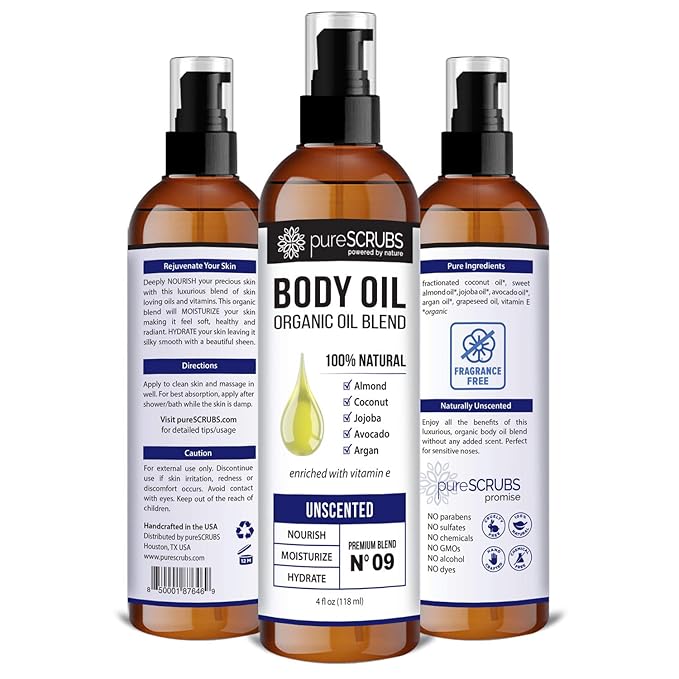 pureSCRUBS Ultra Moisturizing Unscented Body Oil Spray for Dry Skin, Massage, Stretch Marks, Organic Super Blend of Jojoba, Argan, Coconut, Sweet Almond & Avocado Oils Enriched with Vitamin E, Lg 4oz