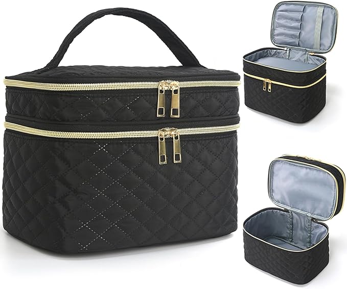 Travel Makeup Bag for Women Double Layer Large Cosmetic Case Water-resistant Toiletry Bag Organizer for Store Toiletries Cosmetic Accessories and Manicure Sets Black