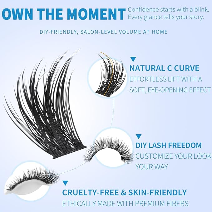 Kiromiro Lash Clusters 10-16mm Cluster Eyelash Extensions Wispy DIY Cluster Lashes Extension 144pcs Individual Lashes Nautral Eyelash Clusters C Curly Lashes Clusters