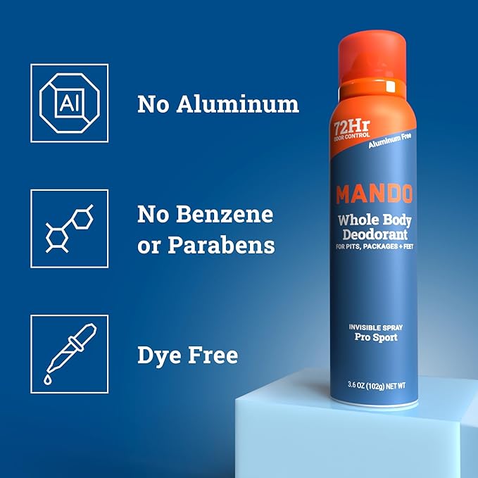 Mando Whole Body Deodorant For Men - Invisible Spray Deodorant - 72 Hour Odor Control - Low Irritation Formula - Aluminum Free, Benzene Free - 3.6 ounce Can - Pro Sport