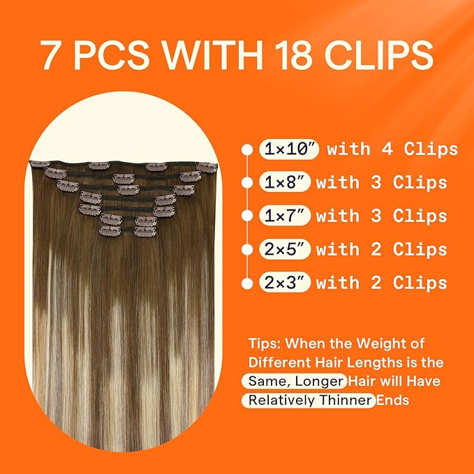 Full Shine Clip in Hair Extensions Real Human Hair Balayage Double Weft Clip in Extensions Straight Remy Hair Extensions Medium Brown Ombre Blonde Short Natural Human Hair 12 Inch 7 Pcs 95 G