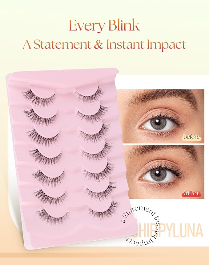 Cat Eye Lashes Wispy 12MM Eyelashes Natural Look C Curl Lash Strips with 0.1MM Clear Band 3D Volume False Lashes Pack ChirpyLuna Fake Eyelashes 7 Pair