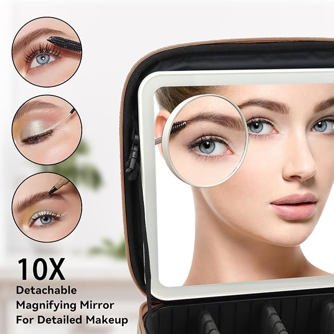 Travel Makeup Bag with LED Mirror and 10x magnifying glass with 3 Lighted Settings, Adjustable Dividers and Makeup Brush Storage Bag Brown
