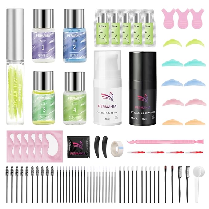 PERMANIA Lash Perm and Black Kit,Salon Grade Supplies for Eyelash Lift and Brow Lamination Black Ti-nt with Lash Lift Balm 4 IN 1 Fast Quick Curling & Coloring Natural Result Hair Color Developers