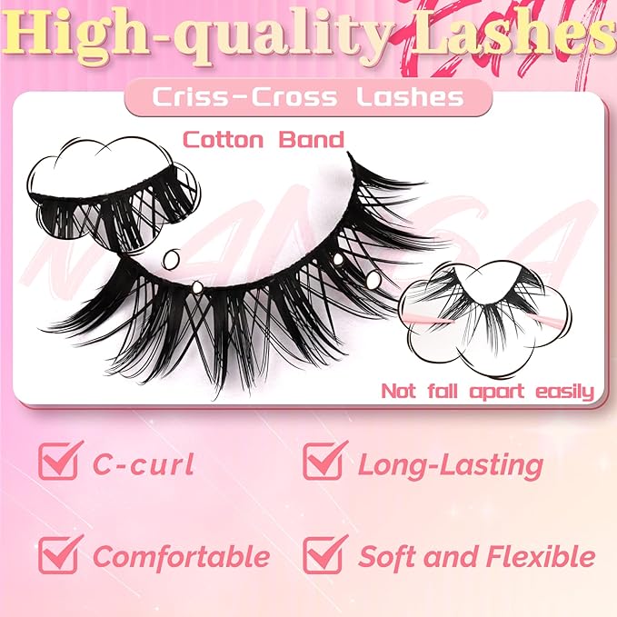 Ahrikiss Lashes Spiky Manga Lashes Anime False Eyelashes 8 Pairs Faux Mink Lashes Cosplay Thick Fake Eyelashes Soft Strip Lashes 8-16mm Wispy Fake Lashes Natural Look (Fairy)