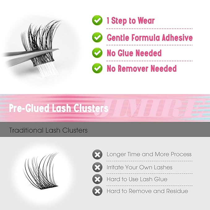 JIMIRE Self Adhesive Eyelashes Natural Look 12-14MM Full Pre Glued Lashes Clusters Manga Press on Lash Clusters D-Curly Reusable Self Adhesive Eyelash Clusters No Glue Needed