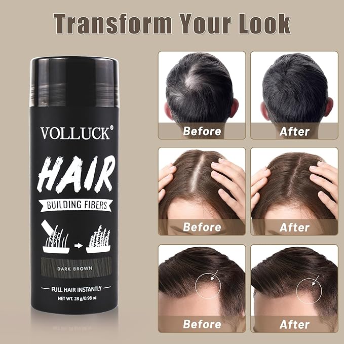 VOLLUCK Hair Fibers for Thinning Hair, Instant Coverage Hair Building Fibers for Women and men, Natural Hair Powder for Conceal Hair Loss 28 g*2 (Dark Brown, 2 PCS)