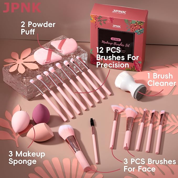 JPNK Makeup Brushes Set – 21PCS Makeup Sponge Triangle Puff Premium Synthetic Foundation Powder Concealers Eye Shadows Blush Brushes with Face Clean Brush
