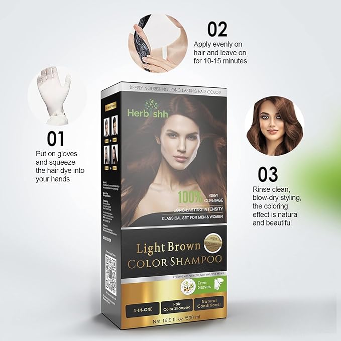 Herbishh Light Brown 3 In 1 Hair Dye Shampoo 16.9 Fl Oz & Argan Oil Mask 28.2 Fl Oz Combo - Champu Para Canas Mujer - Hair Dye Shampoo for Men & Women - Hair Mask For Moisturizer Dry, Damaged Hair